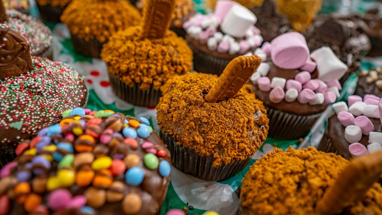 Cakes on Christmas Market stall in Old Market Square, Nottingham